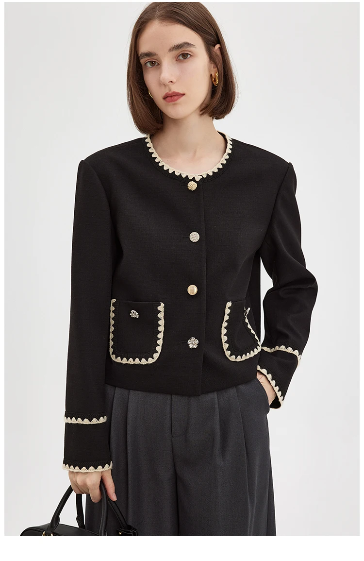 MOLAN Vintage Contrast Woman Jacket Black Tweed Round Neck Mental Buttons Fashion Short Jacket Female Elegant Outwear