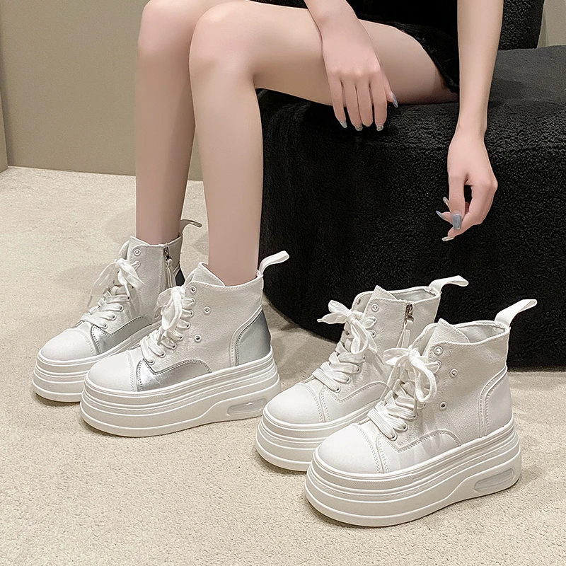 Aphixta 8cm Platform Ankle Boots Height Increasing Sneakers Women's Shoes Platform Chunky Sole Lace Up Boots Thick Sole Shoes