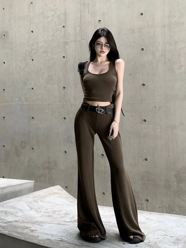 Brown Sleeveless Tank Top Women's Summer American Spicy Girl Set High Waist Slimming Micro Flare Pants Casual Two Piece Set