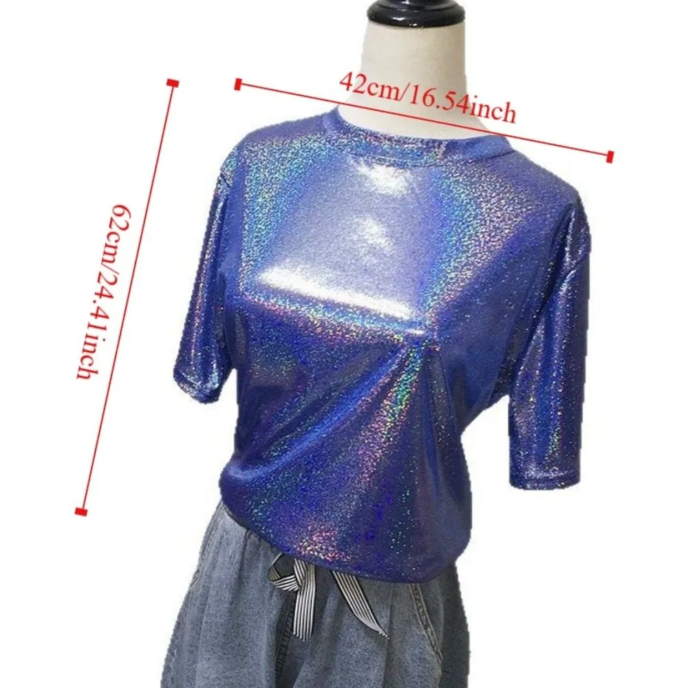 Sweet Vintage Fashion Silk Top Purple Pink Ladies Shiny Loose T-shirt Sequins Aesthetic Harajuku Short Sleeved Party