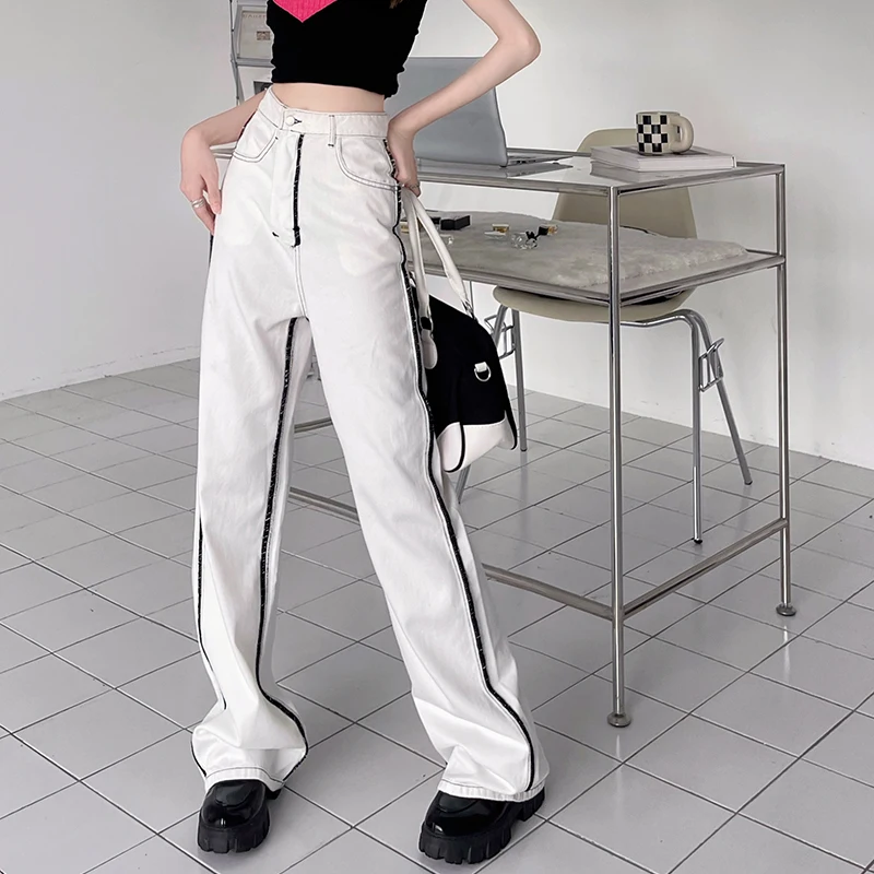 

Black White Bright Line Decoration Jeans Women Fashion New High Waist Straight Denim Baggy Pants 2 Colors