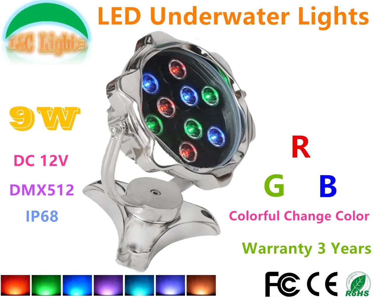 Подводный светодиодный фонарь из нержавеющей стали 304 9 Вт RGB 12 В IP68