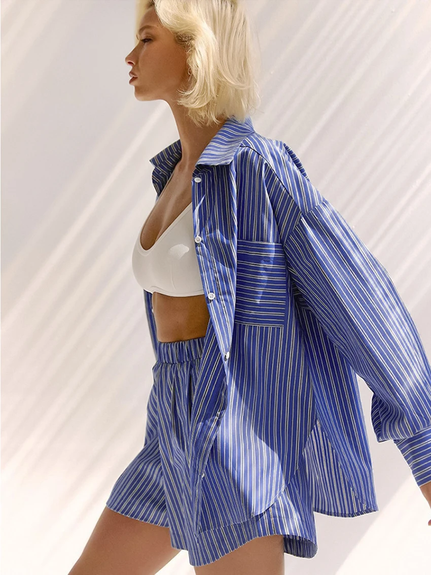 Marthaqiqi Striped Femme Sleepwear Set Long Sleeve Nightgowns Turn-Down Collar Nightwear Shorts Loose Women Nightie 2 Piece Suit