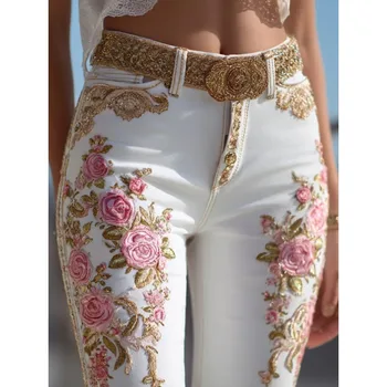 Womens European American Style Floral Print Jeans Straight Leg Casual Denim Pants 1