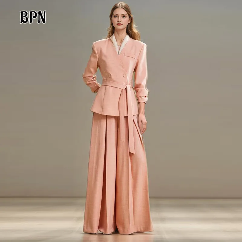 BPN Temperament Two Piece Sets For Women V Neck Long Sleeve Spliced Lace Up Blazer High Waist Wide Leg Pants Elegant Set Female