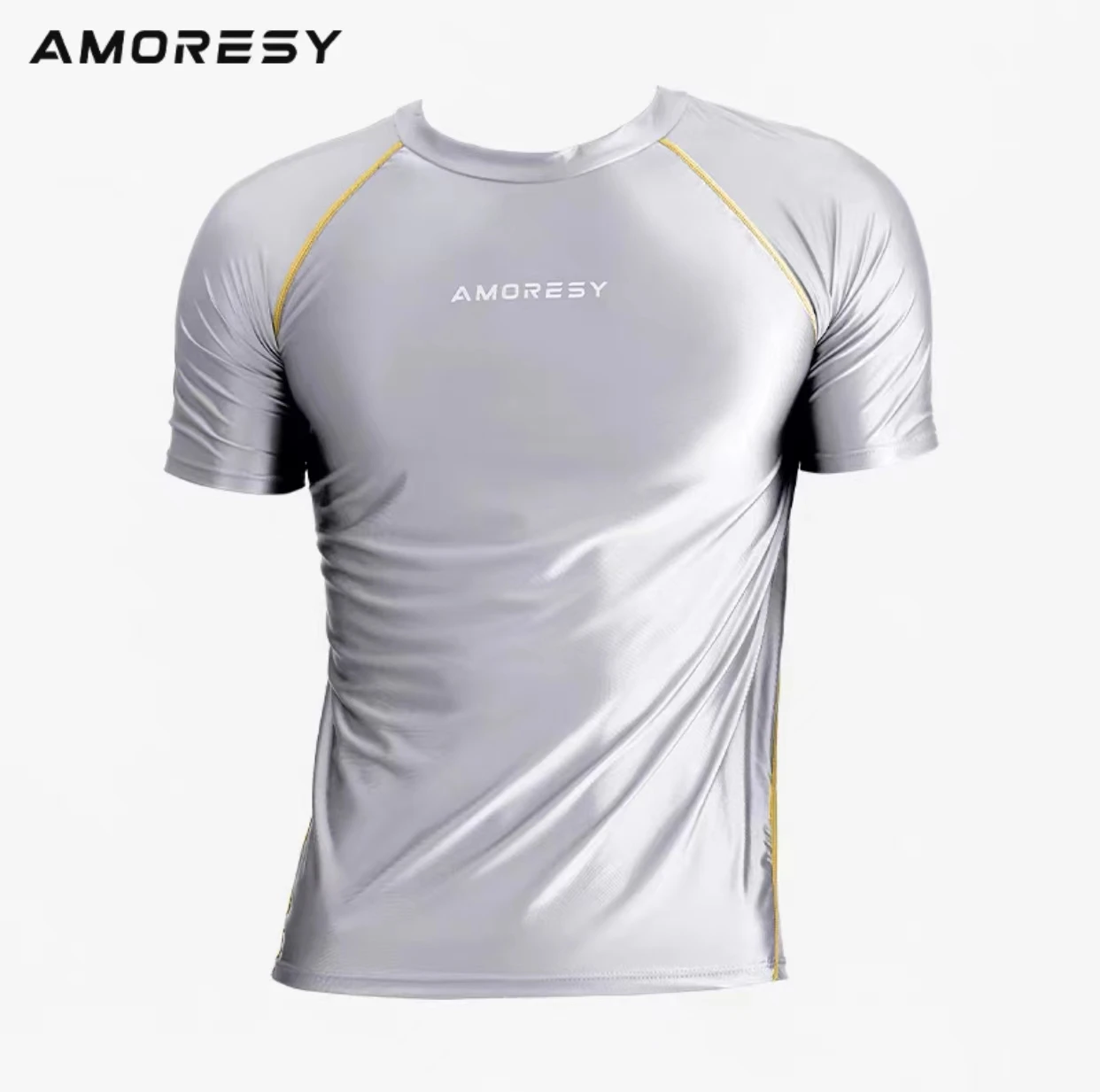 AMORESY Uranus series men's short-sleeved T-shirt stretch luster comfortable fitness shirt quick dry running compression clothes male swim rash guard football shirt men fitness pants
