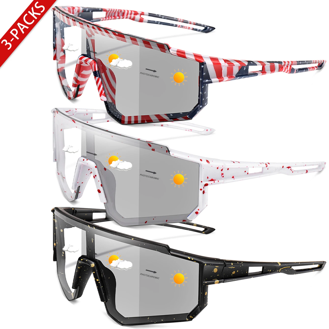 3 Packs Photochromic Cycling Sunglasses Unisex