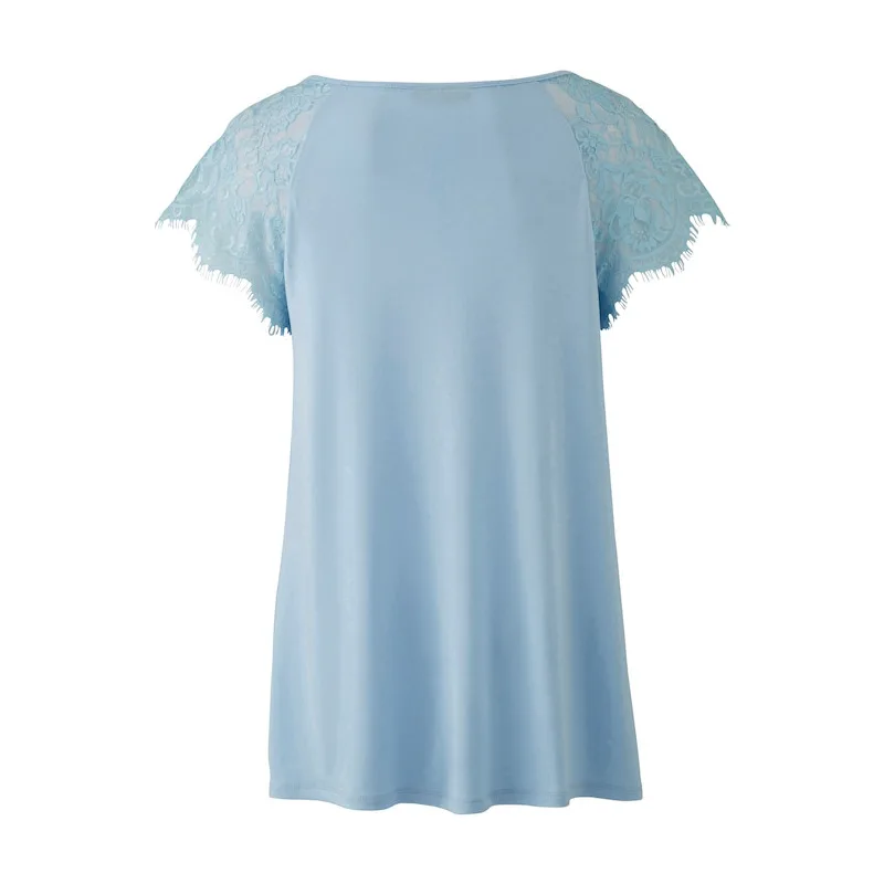 Spring Summer Womens Clothing Round Neck Solid Color Classic Pullover Top Patchwork Lace Short Sleeve Plus Size Casual T-Shirt