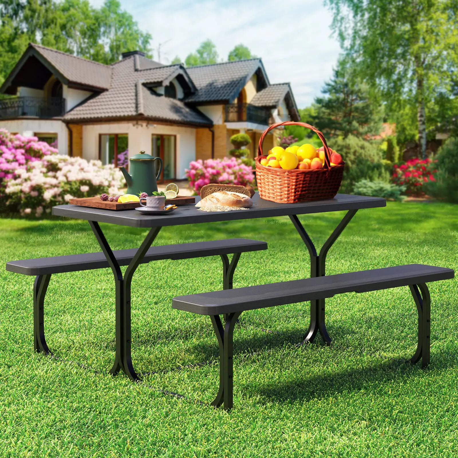

Outdoor Picnic Table Bench Set Steel Frame 4.5ft Picnic Party Camp Dining Black desk table camping table
