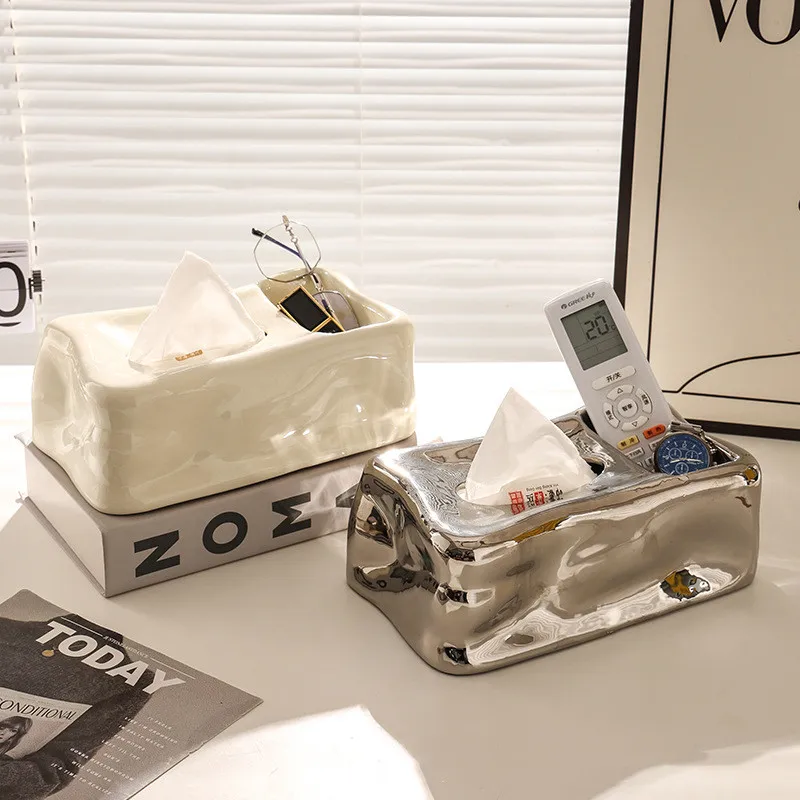 Silver Ceramic Tissue Box Fold Pattern Irregular Ice Shape Silver Rabbit Napkin Holder Paper Towel Holder Home Desktop Storage 3