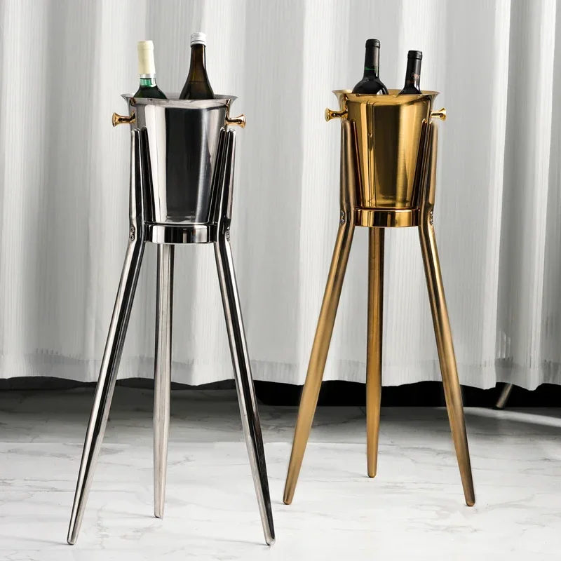 Stainless Steel Chilled Beverage Bucket Set, Floor Stand Three-Legged Champagne Cooler, Bar Club Drink Chilling Ice Holder