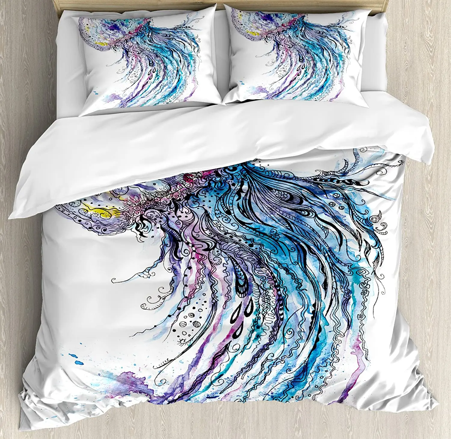 Jellyfish Double Bed Duvet Cover Set Aqua Colors Art Ocean Animal Print Sketch Style Creative Sea Marine Theme Bedding | Дом и сад