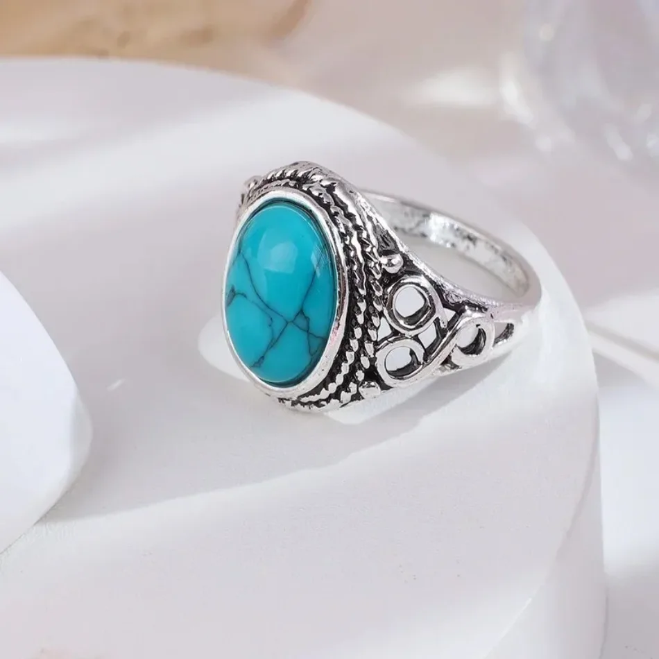 Fashion 1 Pcs Fashion Retro Elegant Ring Natural Turquoise Wedding Engagement Birthday Party Anniversary Commemorative Gift