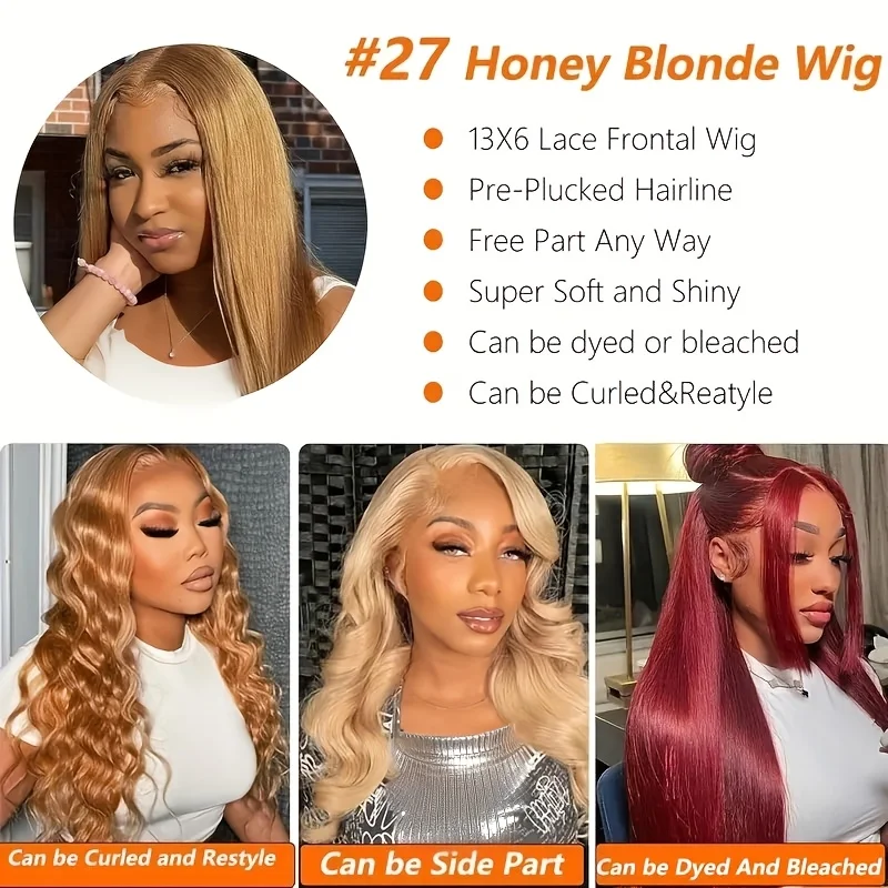 Bone Straight Honey Blonde Human Hair Wigs #27 13x6 HD Transparent Lace Front Wigs For Women Pre Plucked 200% Density 30 Inch 3