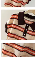 Contrasted Striped Lapel Short-sleeved T-shirt for Women in Summer Loose Casual and Versatile POLO Shirt - Image 5