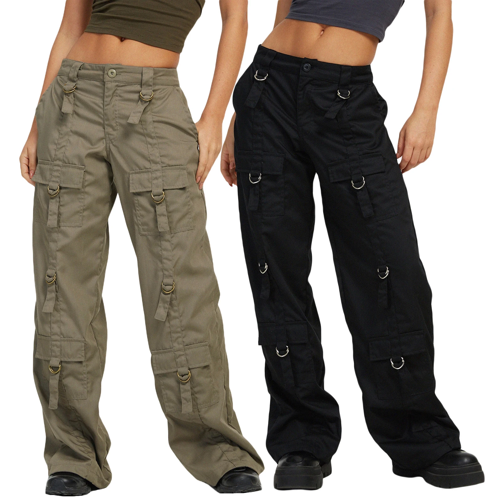 

Y2k Women's Casual Cargo Pants Solid Color Baggy Low Waist Zipper Closure Loose Straight-Leg Trousers with Multi Pockets Pants