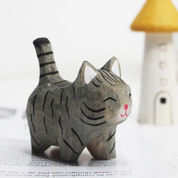 Handmade Wood Carving Kitten Ornaments Small Animal Creative Desktop Wood Cat Decoration Crafts 1