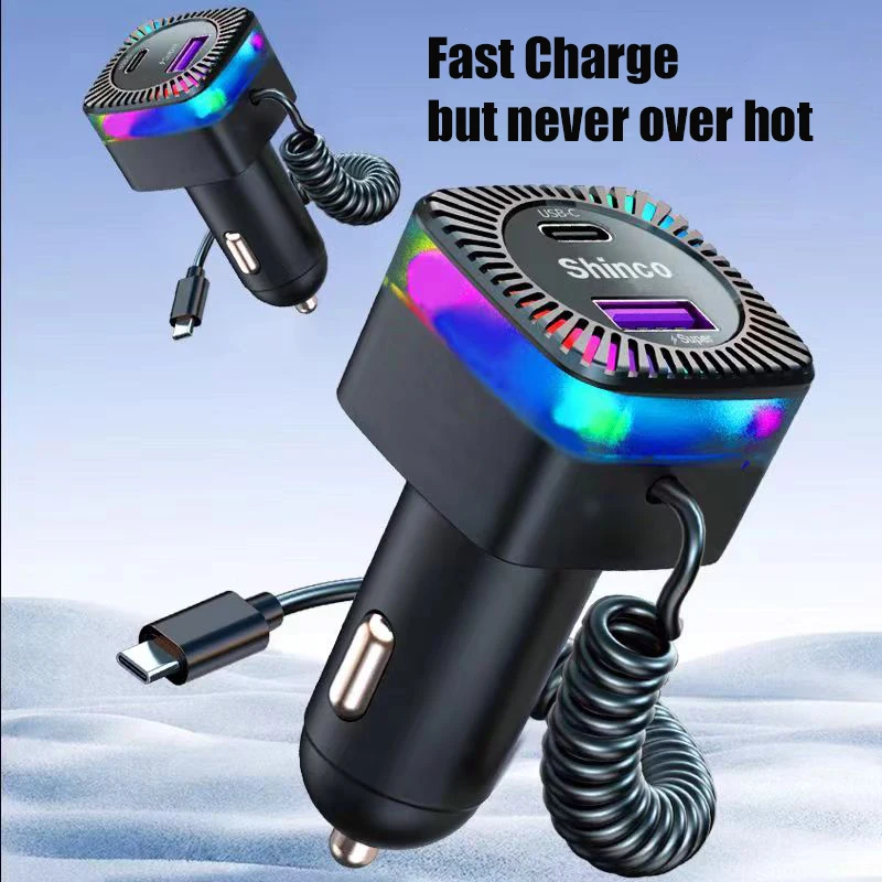 용수철 케이블이 달린 USB C 차량용 충전기 어댑터, 다채로운 빛 PD 30W, 3 in 1, 맥북 삼성 아이폰용 초고속 충전, 280W