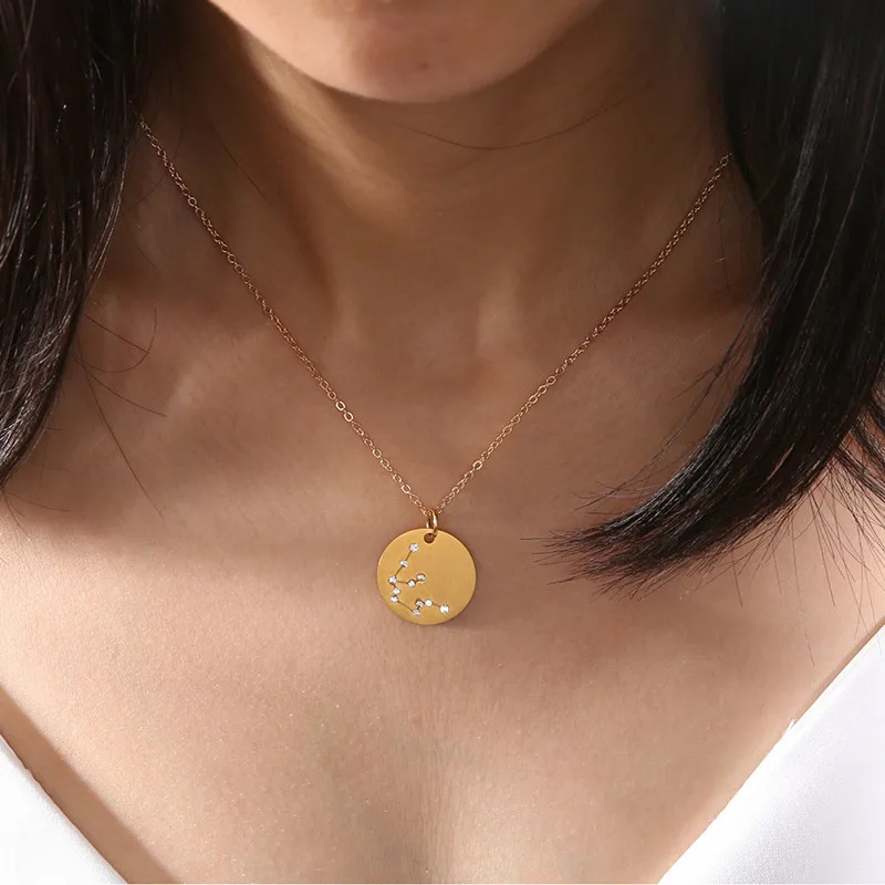 

12 Constellation Sign Stainless Steel Gold Silver Pendant Necklace For Women Coin Choker Necklace with Zodiac Her Birthday Gift