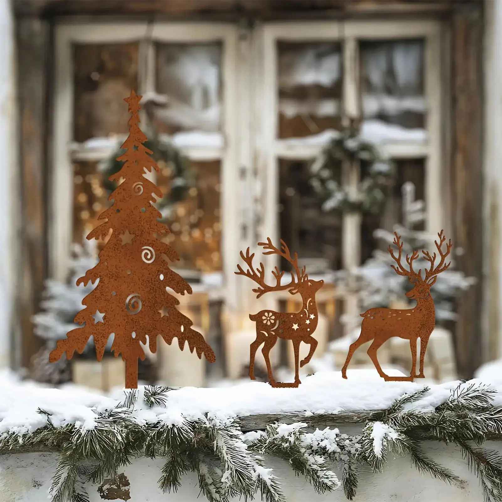 Decorative Garden Stakes 3 Pieces Outdoor Metal Sign Decor Christmas Yard Signs Stake For Holiday Winter Yard Garden Lawn Porch