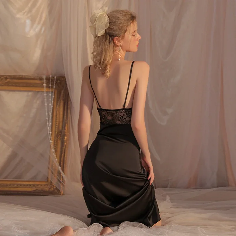 2024 New rSexy deep v pure color satin stitching lace perspective slim long straps lady home nightdress generation hair