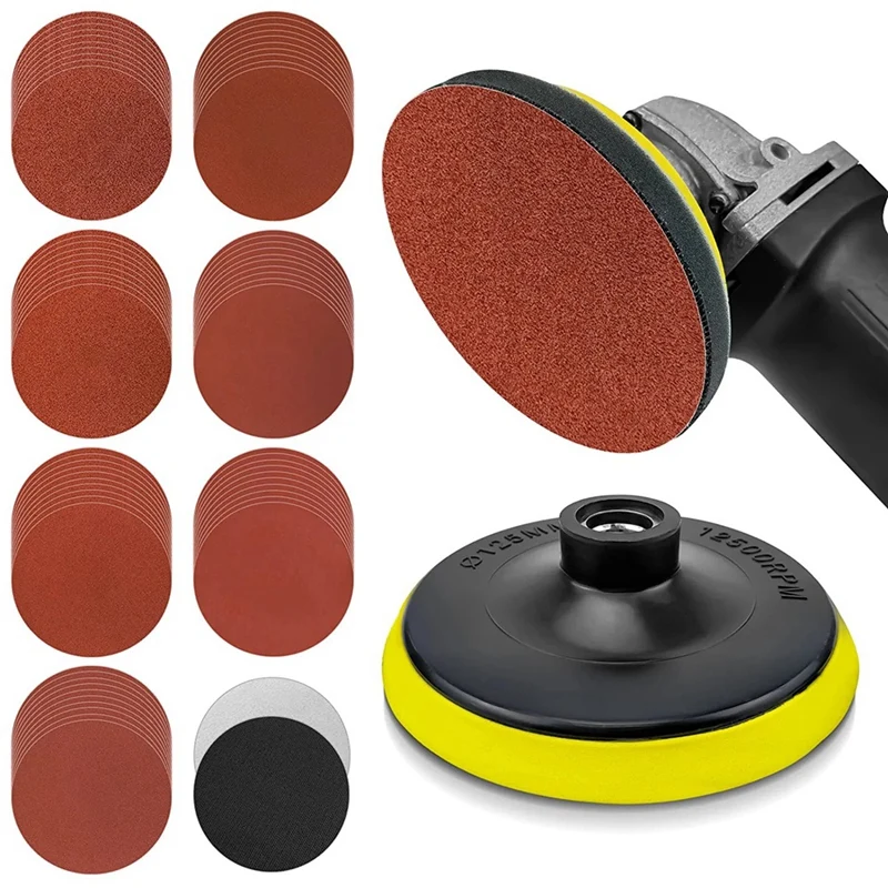 

5 Inch Sanding Pad With 70Pcs Sanding Discs And 2Pcs Foam Buffering Pads, Angle Grinder Attachments With 5/8-11 Threads