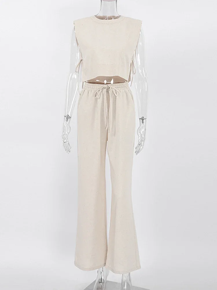 New Khaki Linen 2 Piece Pants Sets For Women 2024 Lace-Up Crop Tops Elastic Waist Loose Long Pants Suits Female Summer Outfits