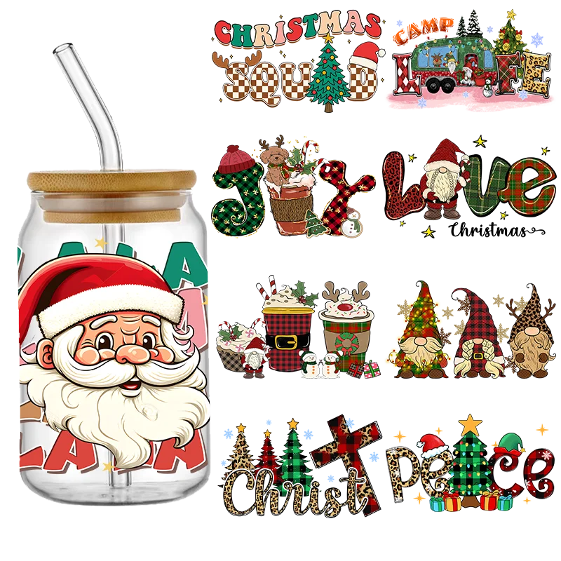 Santa Claus Christmas Coffee Cup UV DTF Sticker For 16oz Glass CanCups Wrap Transfer Sticker Custom Labels DIY Logo Selfadhesive