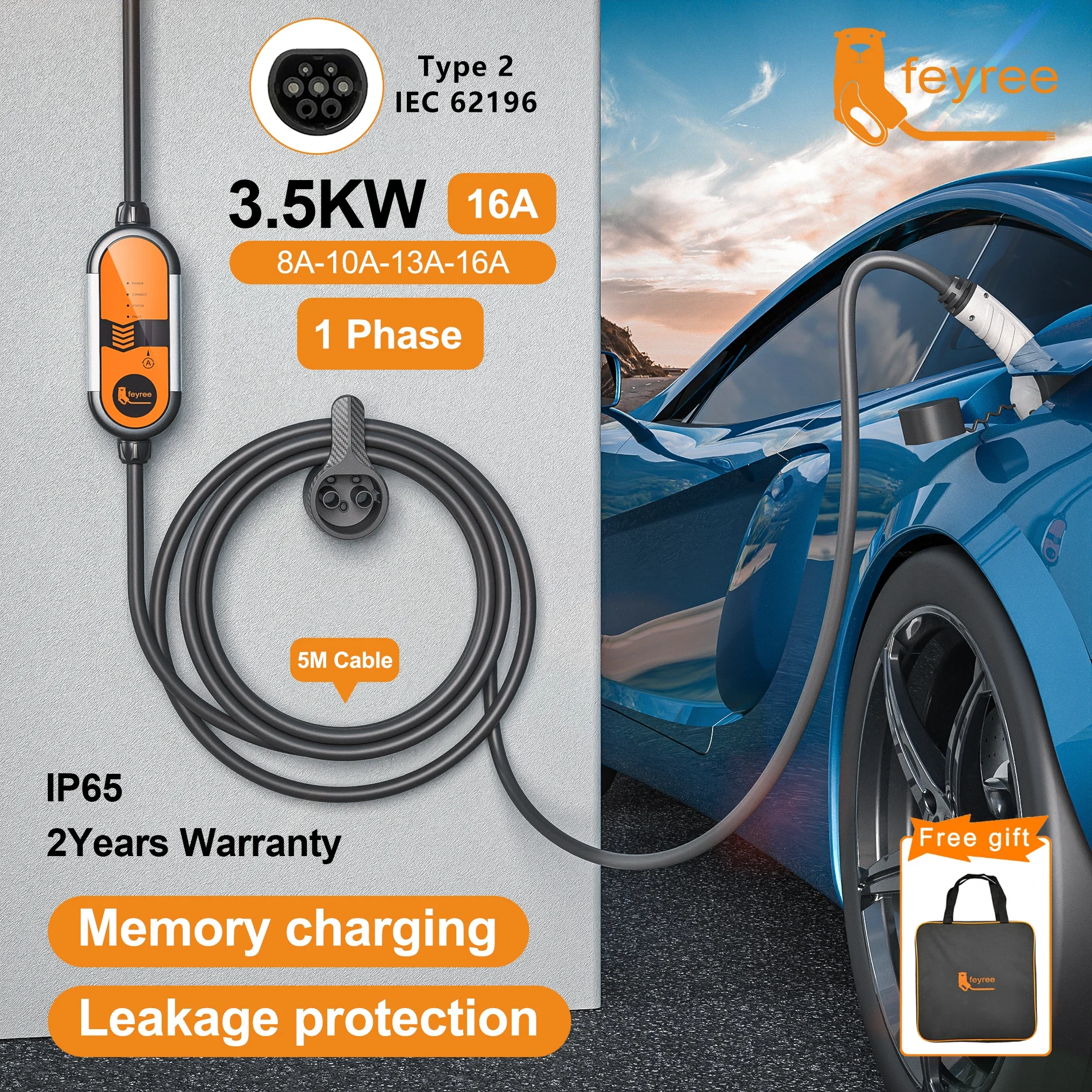 Feyree Type2 16A 3.5KW cargador EV portátil Cable de carga EVSE 5m con corriente de enchufe Schuko ajustable para cargador de coche eléctrico