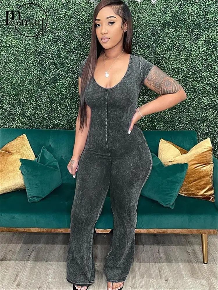 

Inwoman Autumn Fashion Yoga V Neck Black Bodycon Jumpsuits Club Party For Women 2023 Gray Short Sleeve High Waist Jumpsuits