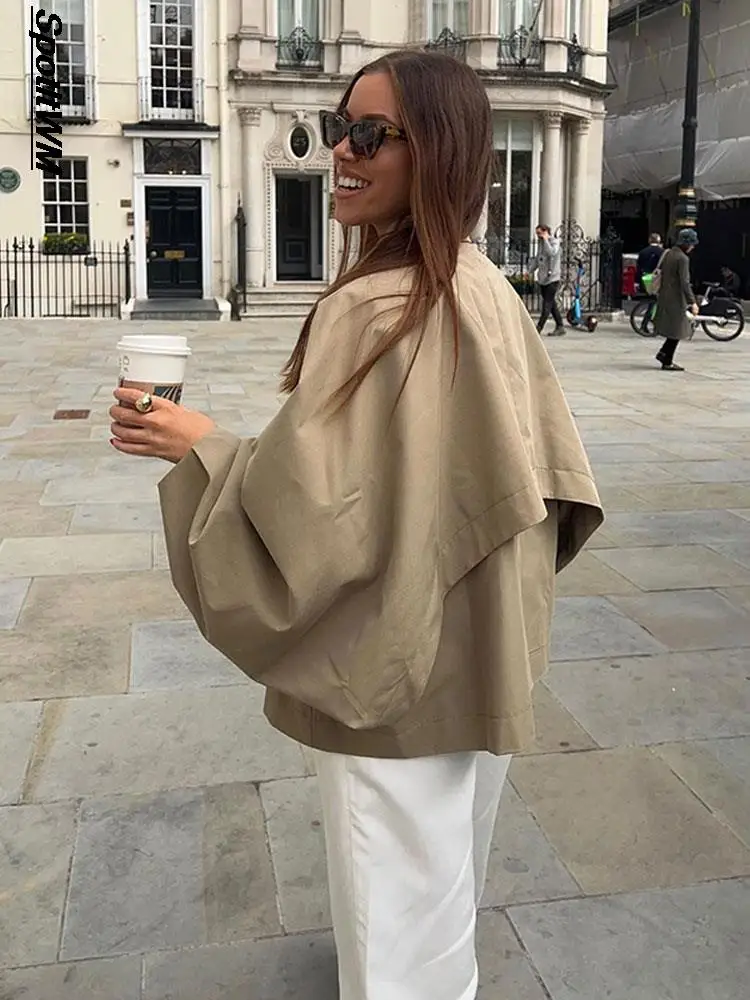 

Oversized Cloak Lantern Sleeve Jackets Coat Women Khaki Turn Down Collar Short Coat Vintage Button Accessories Chic Cape Coat