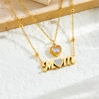 DIEYURO 316L Stainless Steel Heart Zircon Letter MOM Pendant 3