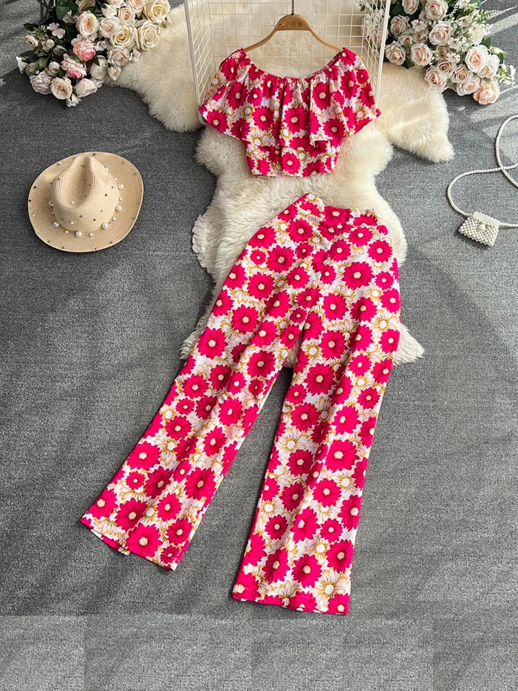 

Женский летний комплект из двух предметов, короткий топ с принтом и плиссированные брюки с высокой талией и широкими штанинами, LL956, лето 2023