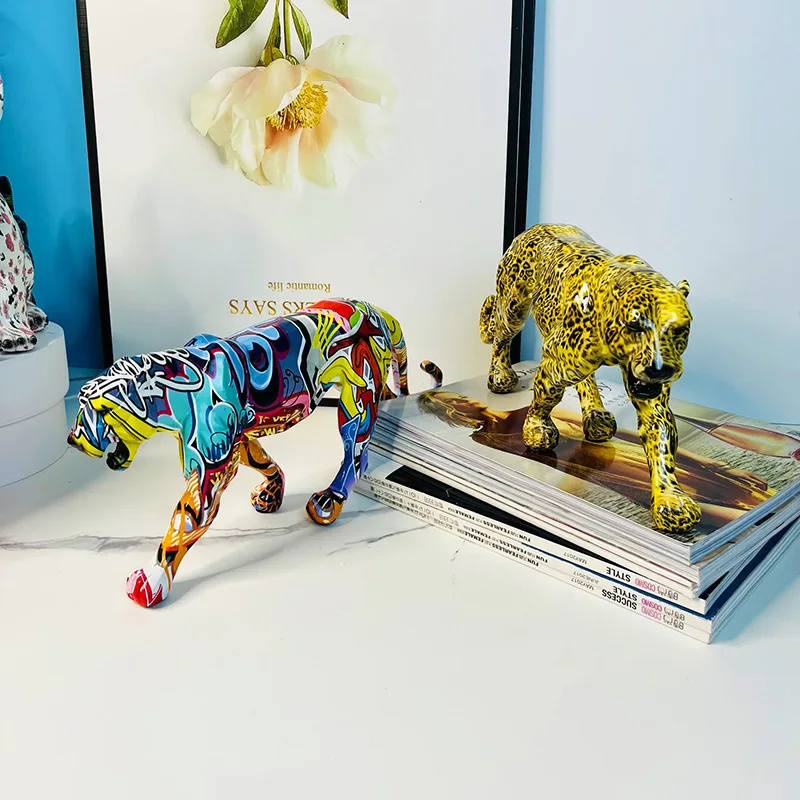 Doodle leopard statue, colorful home decor art leopard statue