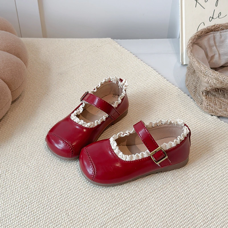 Children's Flats Sweet Ruffled Edge Girls Fashion Leather Shoes Princess Spring Autumn Kids Causal Ballet Dress Mary Jane Shoes