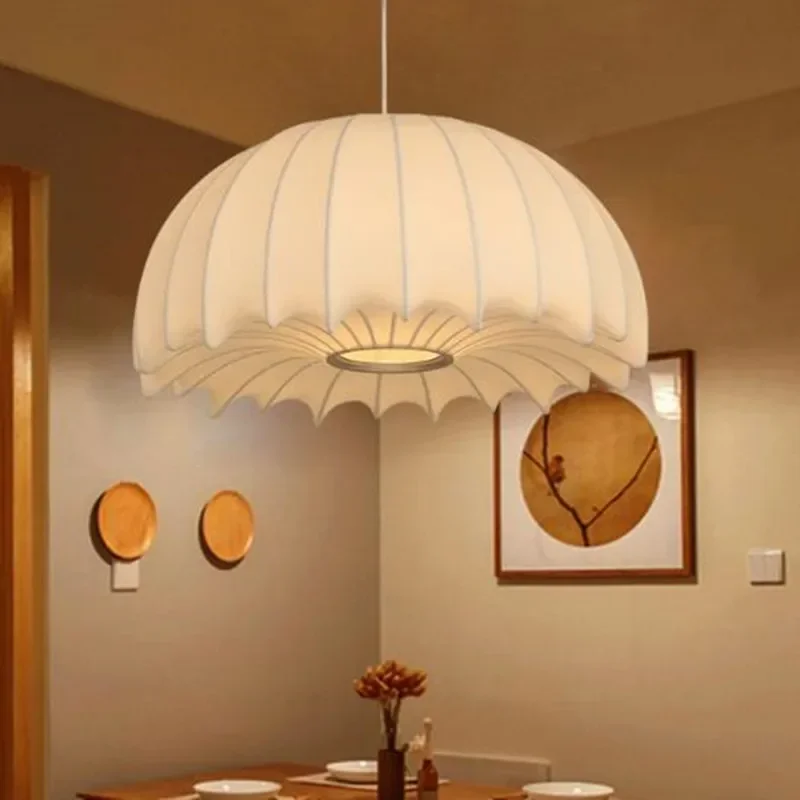 

2024 Semicircular Hood Design Silk Led Pendant Lights for Living Dining Room Hotel Hall Bedroom Lamp Cream Style Decor Fixture