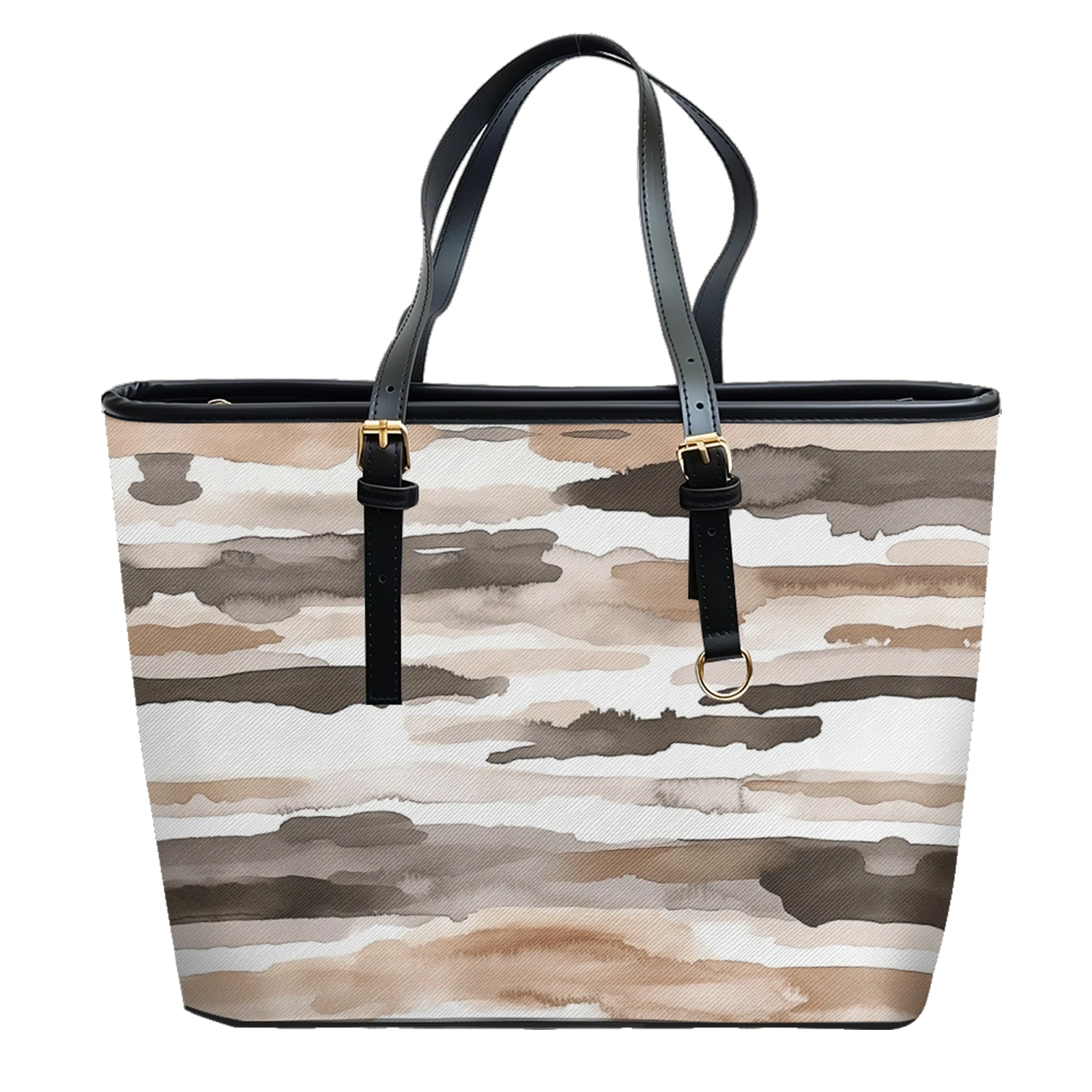 Earth-tone Stripe Printed Oxford PVC Leather Shoulder Bag Zipper Lightweight Tote Daily Use Convertible Work Weekend Purse