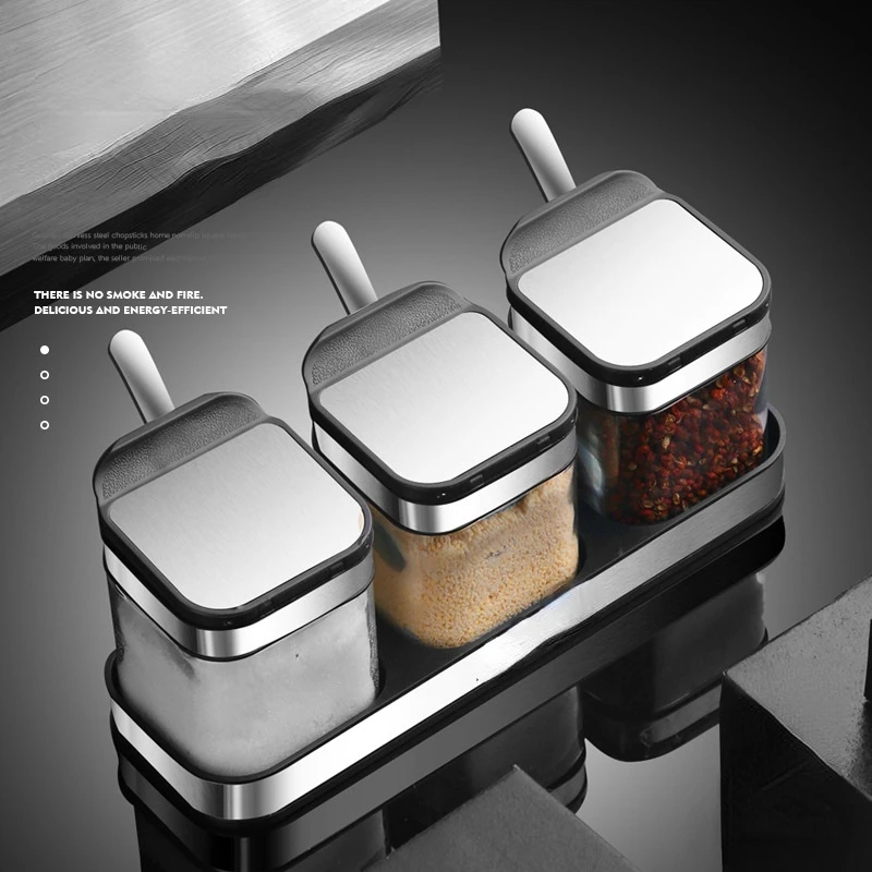 Seasoning Box Salt Jar Combination Set Kitchen Household Seasoning Storage Bottle Glass Gourmet Powder Chili Sucrier