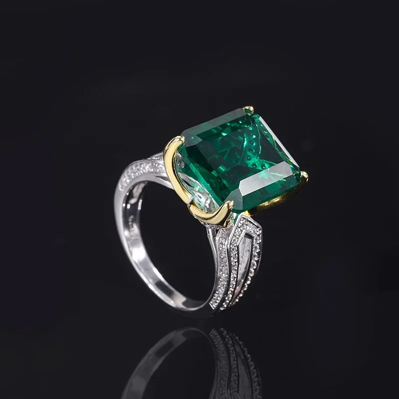 S925 Imitation Silver Colorful Treasure Green Pigeon Blood Red Long Ring Main Stone 12 * 14 Wedding Ring Jewelry Ladies