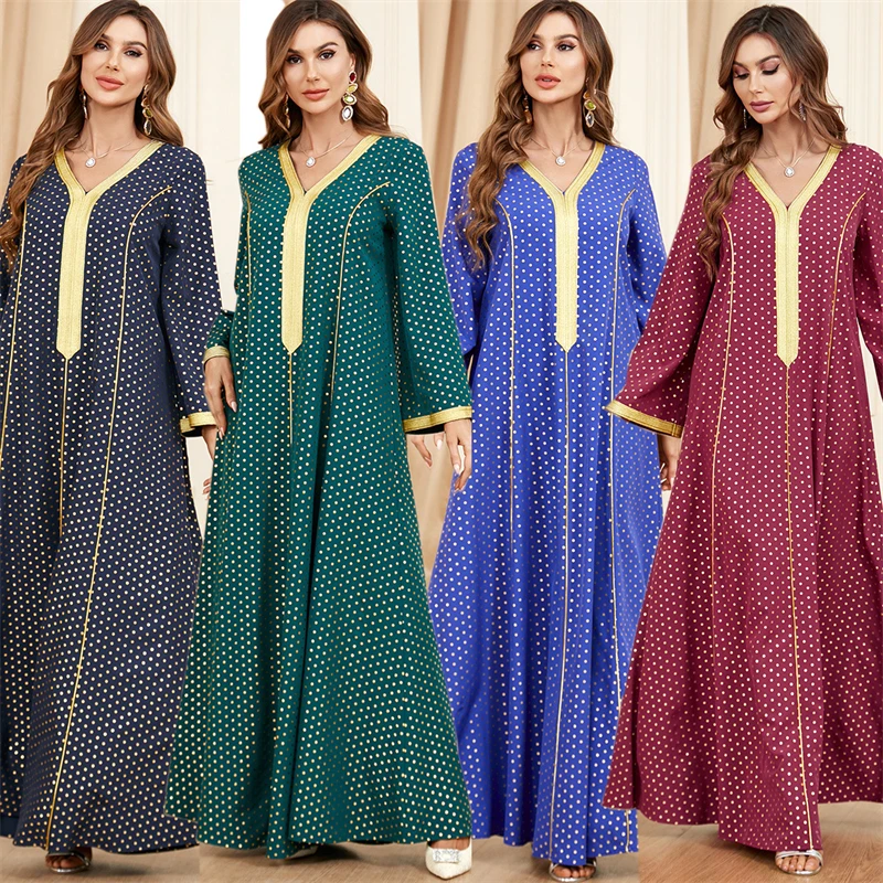 

2023 Middle Eastern Arab Apparel Abaya Women's V-Neck Long Sleeve Muslim Fashion Cross Dress Summer New