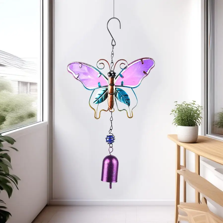Creative Beautiful Butterfly Wind Chime Metal Iron Art Glass Painted Garden Porch Terrace Hanging Decoration Spring Festival Celebration Mother's Day Decoration