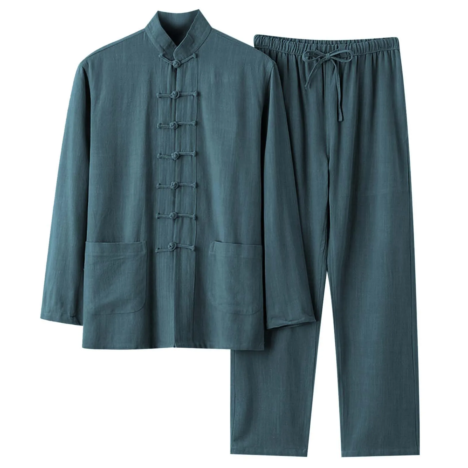 Autumn Winter Men's Chinese Style 2 Piece Pajama Set Cotton And Linen Shirt And Pant Set Men Sleepwear Tai Chi Tang Suit