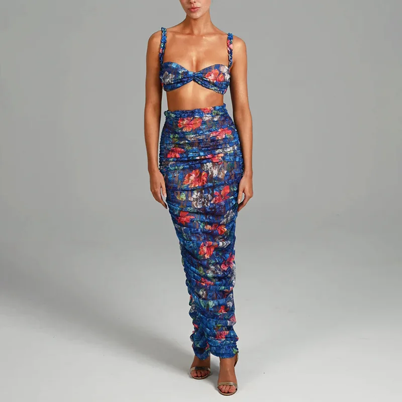 Floral Print Maxi Dress Sets Sexy Chic Outfits for Women Summer Ladies New Two Piece Skirt Set Women