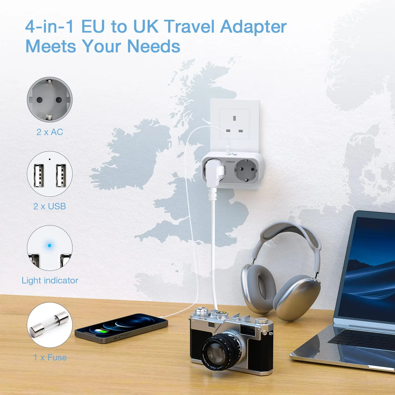 TESSAN-4  1 EU-UK  ,  2   USB (2.4A) 2 ,  ÷   , Ÿ C/F  Ÿ g