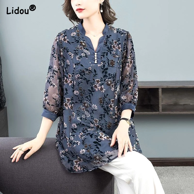 Long Loose Blouses Quarter Sleeve Button V-neck Printing Hollow Out Floral Women's Clothing Pullovers Spring Summer Thin Fashion