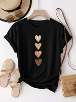 T-shirt décontracté à manches courtes pour femmes avec imprimé graphique quatre coeurs – Noir et doré, col rond extensible moyen 2