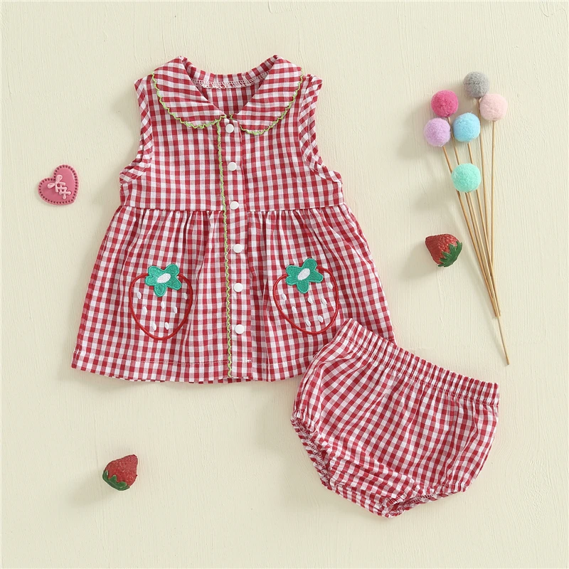 Baby Girls Summer Outfits Strawberry Embroidery Plaid Sleeveless Tank Tops and Elastic Shorts Set Fashion Toddler Clothes
