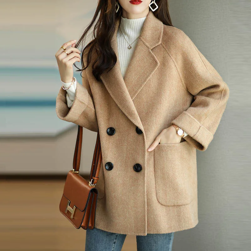 Korean Woolen Coat Women Elegant Autumn Winter Turn Down Collar Wool Blend Jacket All-Match Solid Colors Long Sleeve Outwear