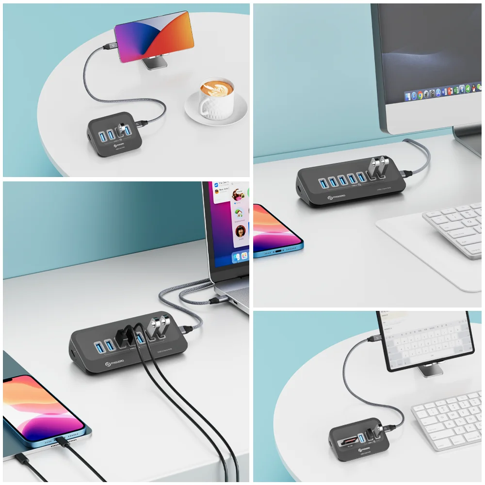 PHIXERO 7 Ports USB HUB 3.2 Docking Station Hub Type C 10Gbps Splitter Switch Dock Multi Port SD Card Socket for Macbook Laptop 4