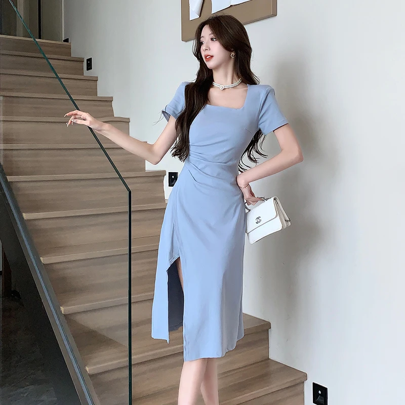 

2023 Summer New Elegant And Pretty Women Dresses Short Sleeved Solid Office Lady Waist retraction Casual Loose Woman Dress X8059
